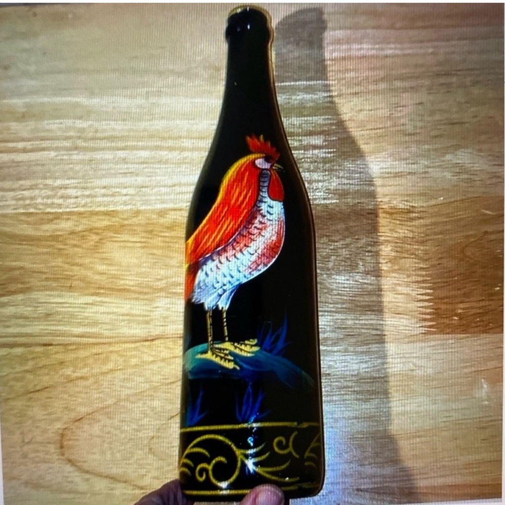 Rare Hand-Painted Rooster Bird Bottle - Black and Red